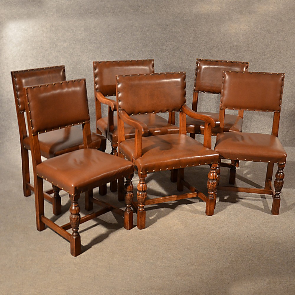 Antique Oak Dining Kitchen Chairs Quality Leather Set 6 English Edwardian c1910