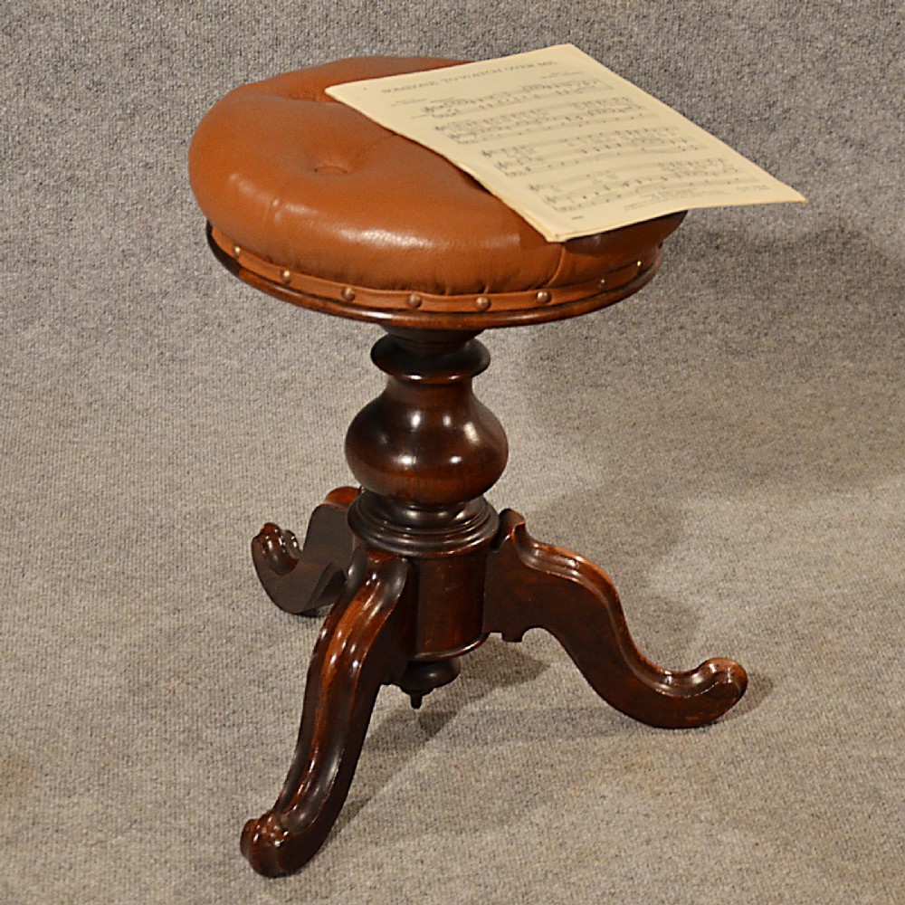 Antique Music Piano Stool Leather Button Adjustable Seat English Victorian c1880