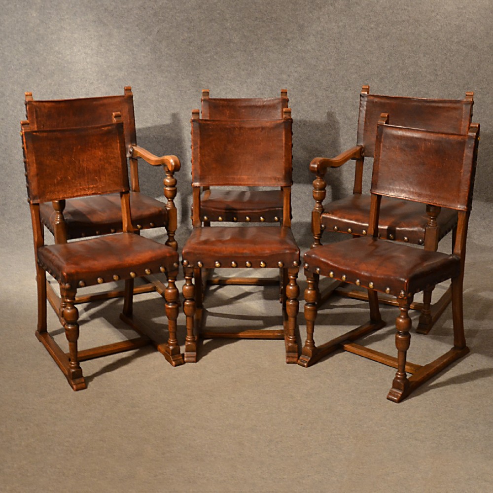 Antique Leather & Oak Dining Chairs Set 6 Wide Quality English Victorian c1900