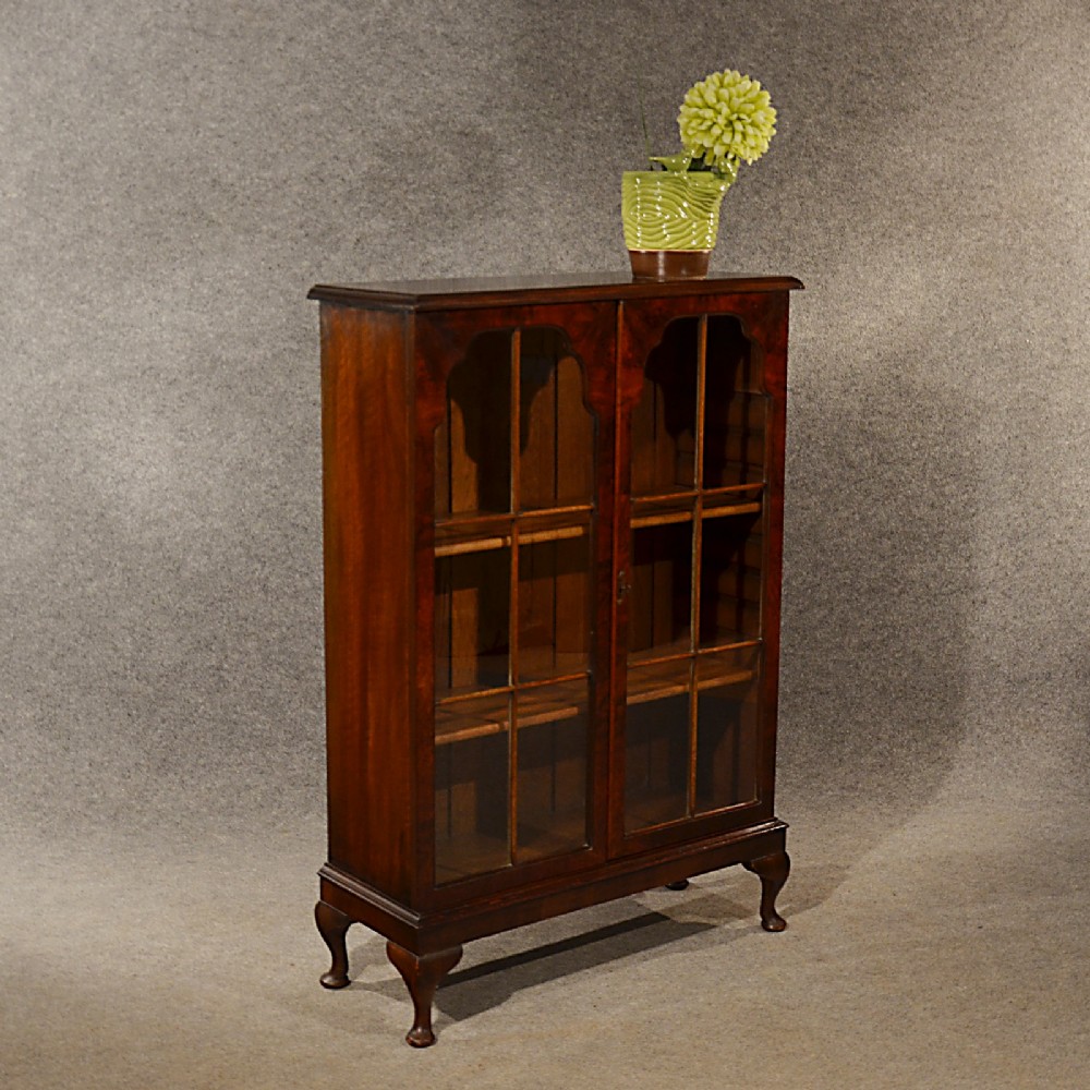 Antique Walnut Bookcase Display Library Glazed Cabinet Edwardian English c1910