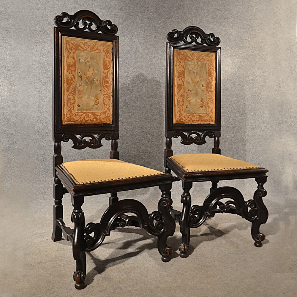 Antique Pair Hall Dining Side Chairs Needlepoint Anglo Dutch Victorian c1880
