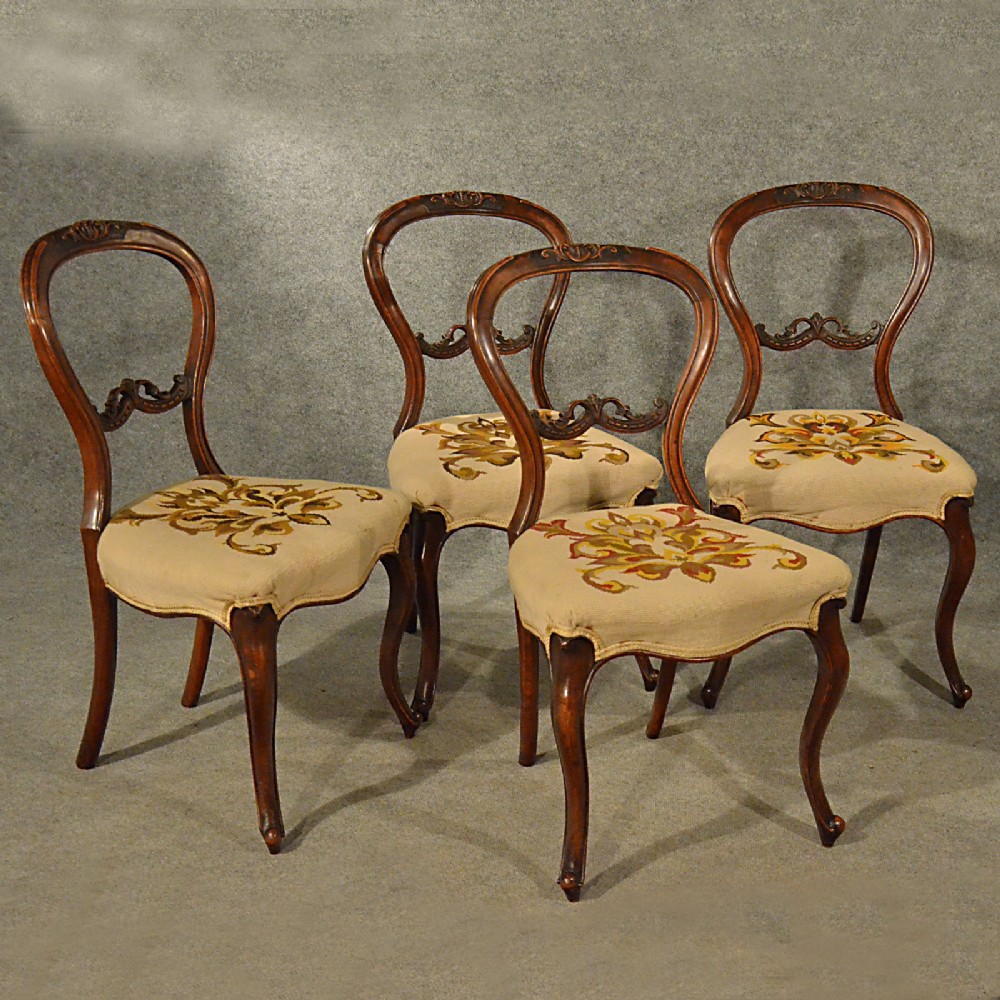 Antique Dining Chairs Walnut Balloon Back Tapestry Needlepoint English c1850