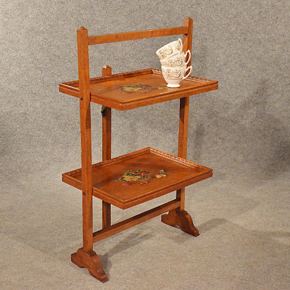 Antique Oak Serving Tea Table Folding Butlers Buffet Cake Stand Edwardian c1910