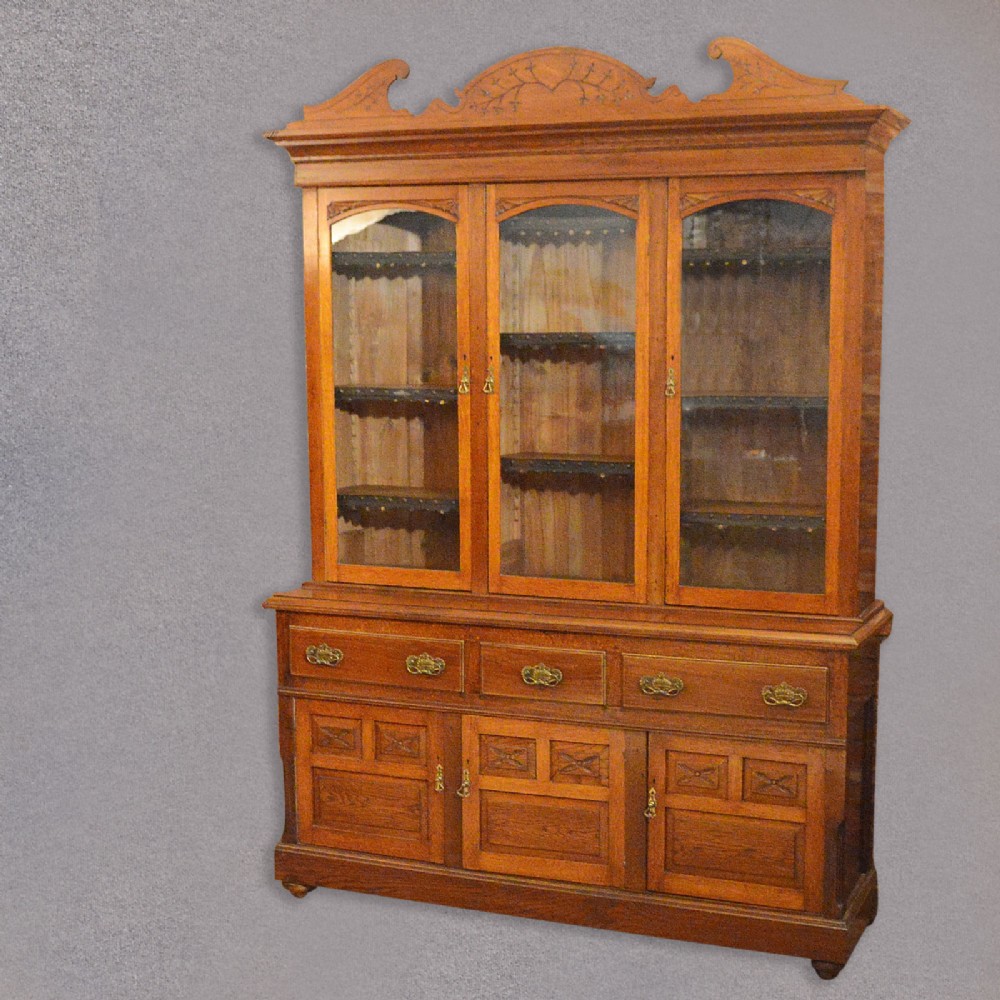Antique Bookcase Cabinet. English Oak Glazed Dresser, Large Cupboard, Victorian