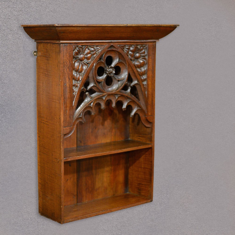 Antique Hanging Shelf, Bookcase, English Oak Pugin Inspired Gothic Revival c1870