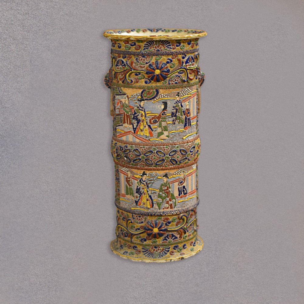 Antique Japanese Moriage Stick Stand, Slip Earthenware, Umbrella Pot, c.1910