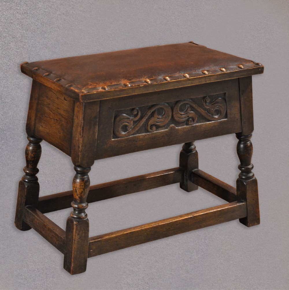 Antique Joint Stool, Padded Leather Locker Seat, Carved Victorian, English Oak