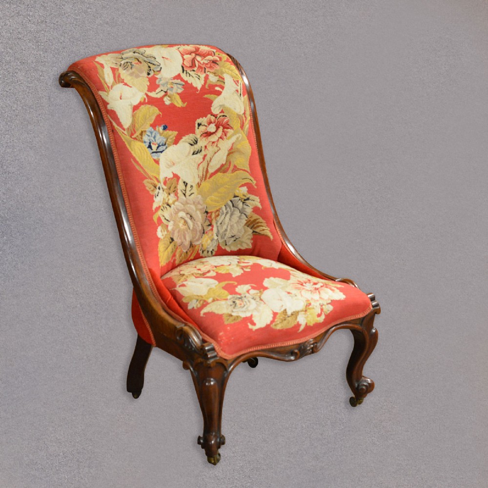 Antique Nursing Chair, Victorian Needlepoint Seat, English Walnut Side c.1850