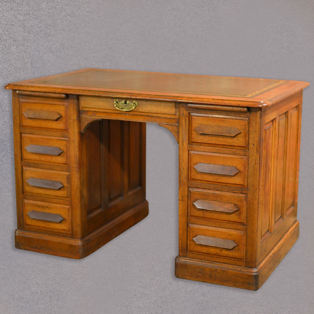 Antique Pedestal Desk, English Oak, Leather Top Office, Victorian c.1900