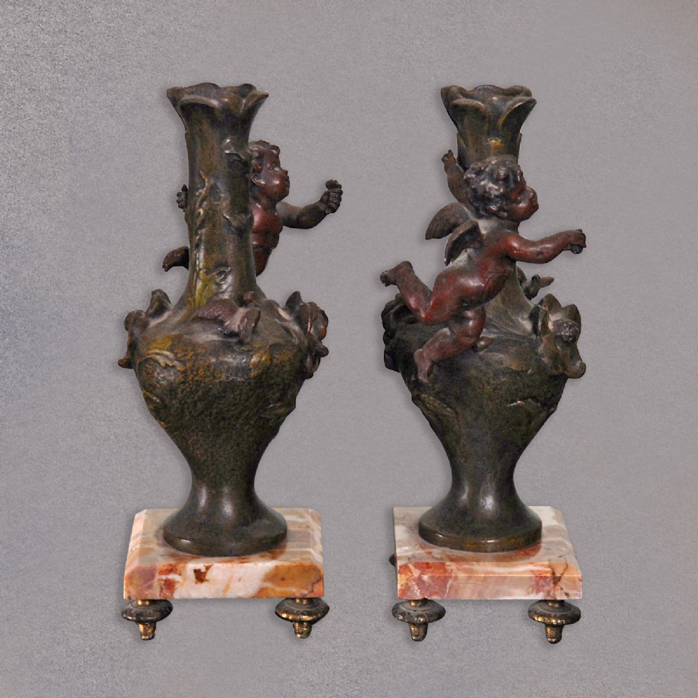 Antique Pair of Candlesticks Vases Cherubs Urns on Marble Bases Victorian c.1870