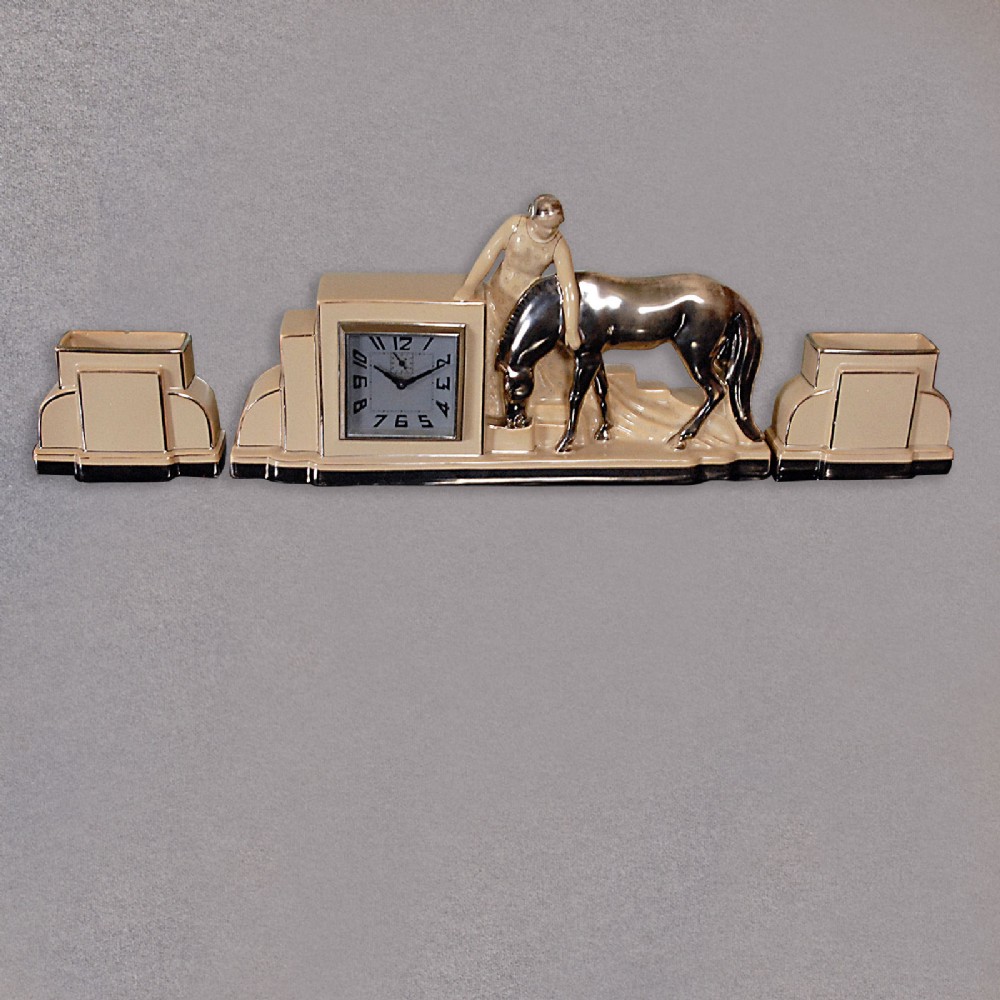 Art Deco Clock and Garnitures, French Odyv Timepiece, Working with Alarm