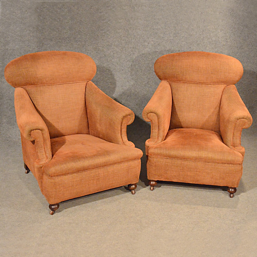 Antique Pair Armchairs Easy Club Chairs Large Quality English Edwardian c1910