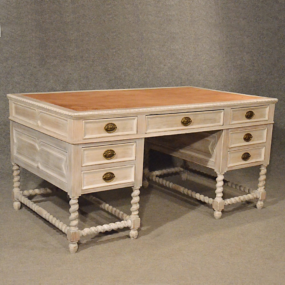 Antique Large Limed Oak Desk Partners Table Quality Victorian