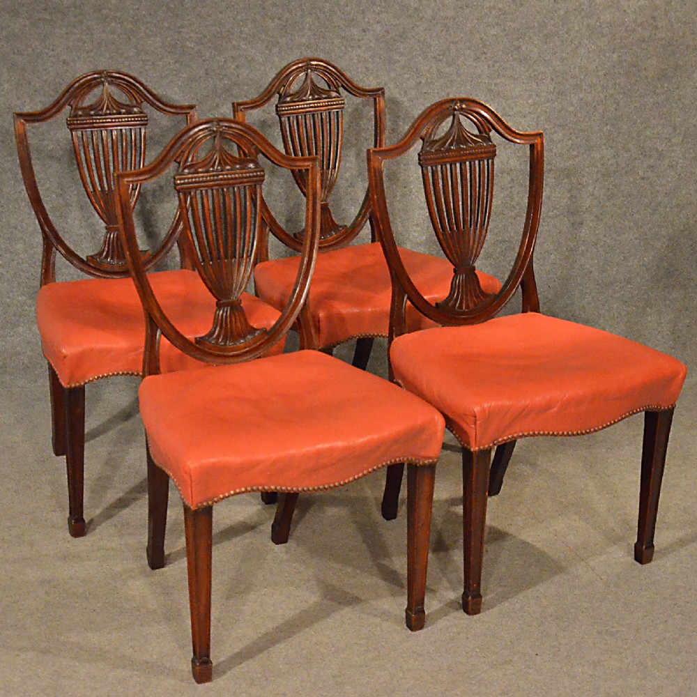 Antique Dining Chairs x 4 Hepplewhite Shield Back Mahogany & Leather Seat c1820
