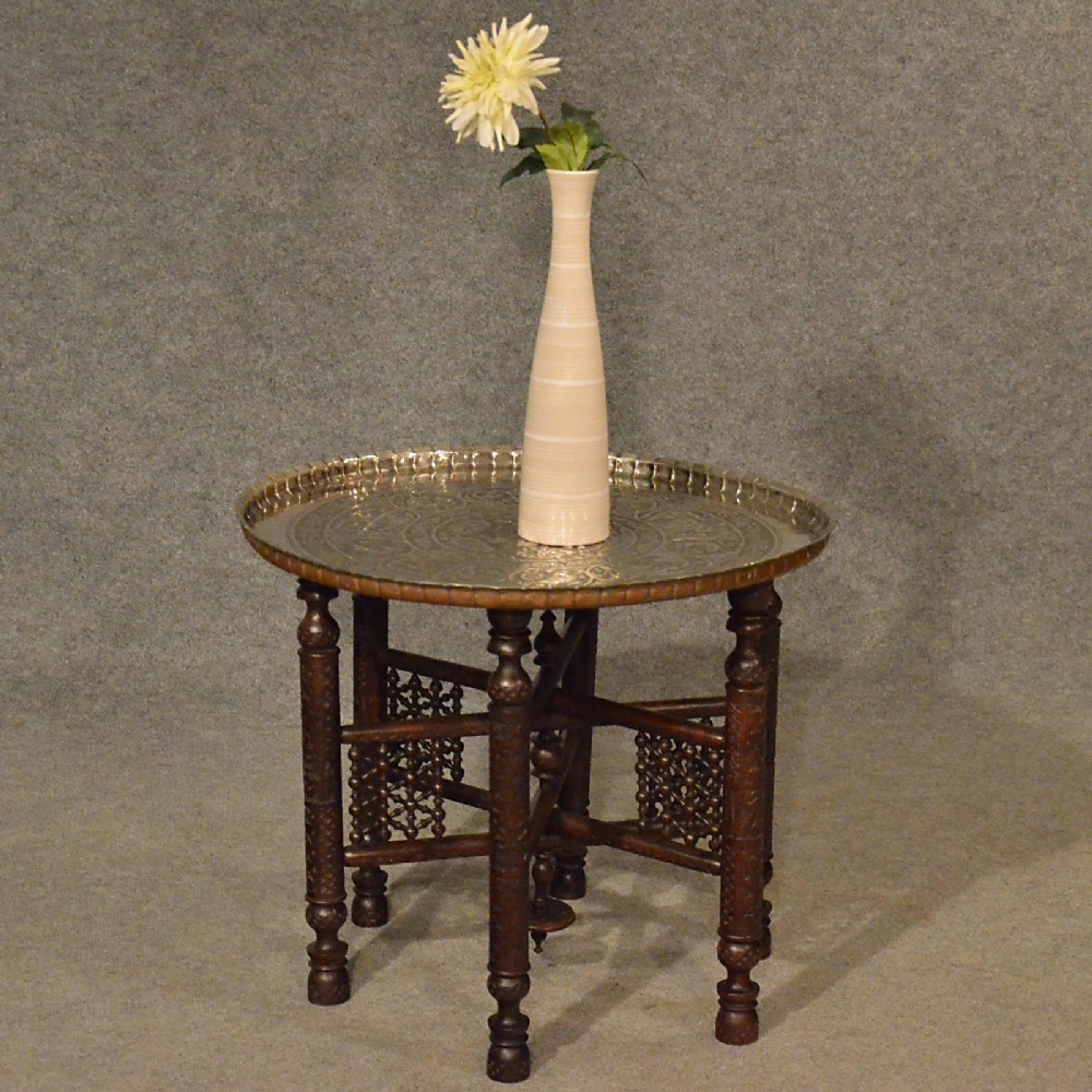 Antique Coffee Tea Table Berber Benares Tray Lamp Oriental Folding Stand c1900