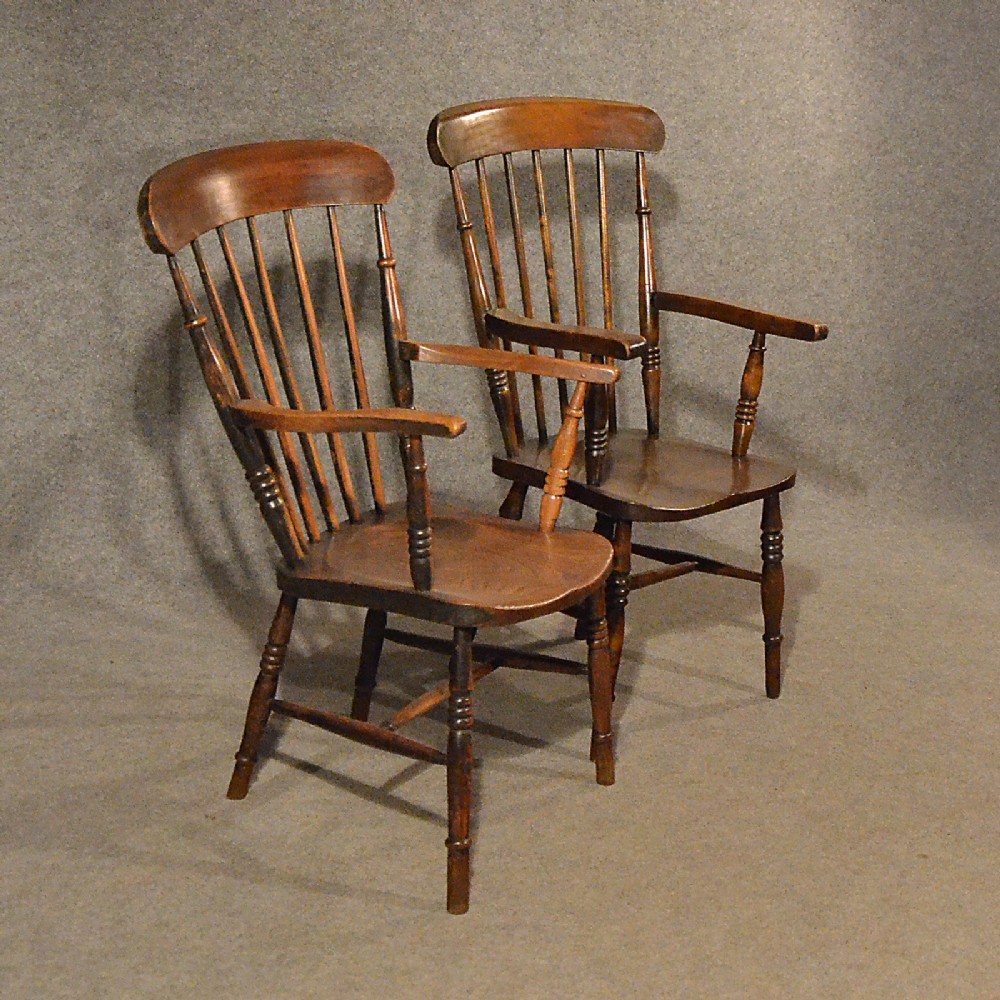 Antique Pair of Elm Windsor Chairs Stick Back English Victorian Kitchen c1900