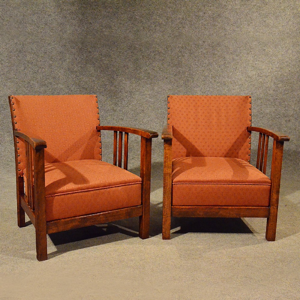 Antique Art Deco Pair of Armchairs Low Compact Club Chairs Quality Beech c1930