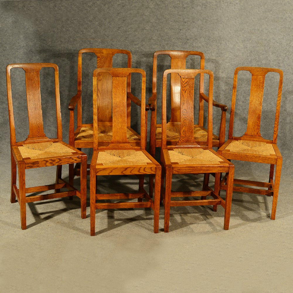 Antique Oak Chairs Set 6 With Carvers Kitchen or Dining Quality Edwardian c1910