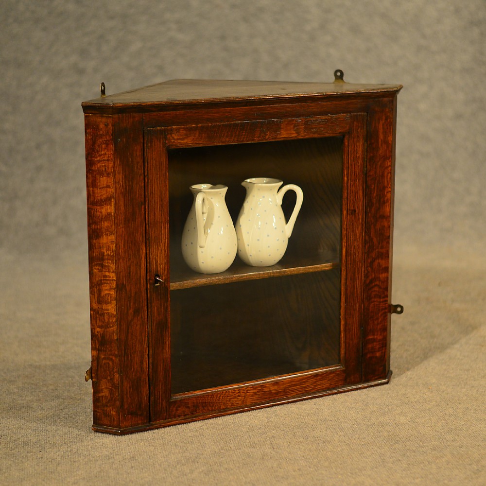 Antique Small Oak Corner Cupboard English Edwardian Wall Cabinet Glazed c1910