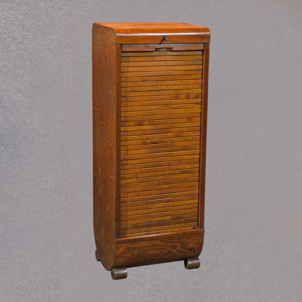 Antique Art Deco Tambour Front Cabinet, Oak Filing Drawers, English c1930-35