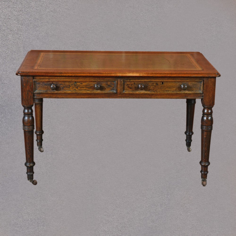 Antique Desk, Leather Library Writing Table, Victorian English Oak Study c1900