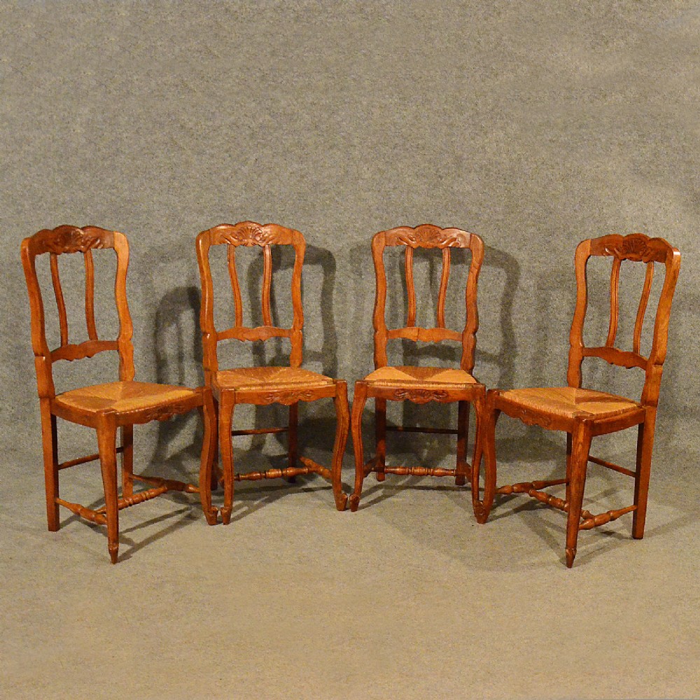 Antique French Oak Chairs x 4 Kitchen Dining Vintage Quality Rush Seat c1930