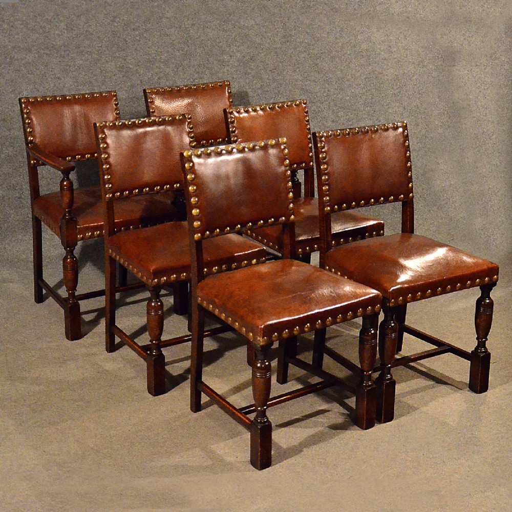 Antique Oak Chairs & Carvers Set 6 Leather Seat Edwardian Jacobean Revival c1910