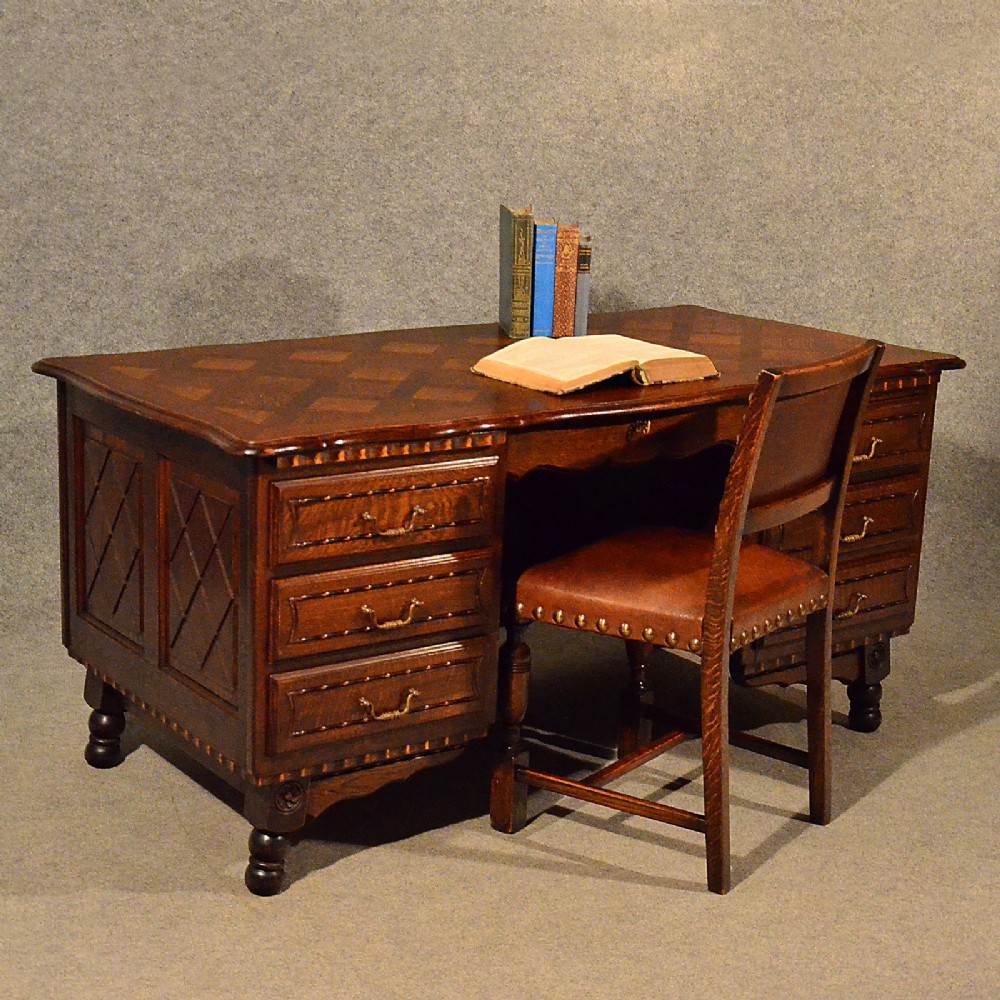 Antique Pedestal Office Desk Library Writing Table Quality Carved Oak 20th Century