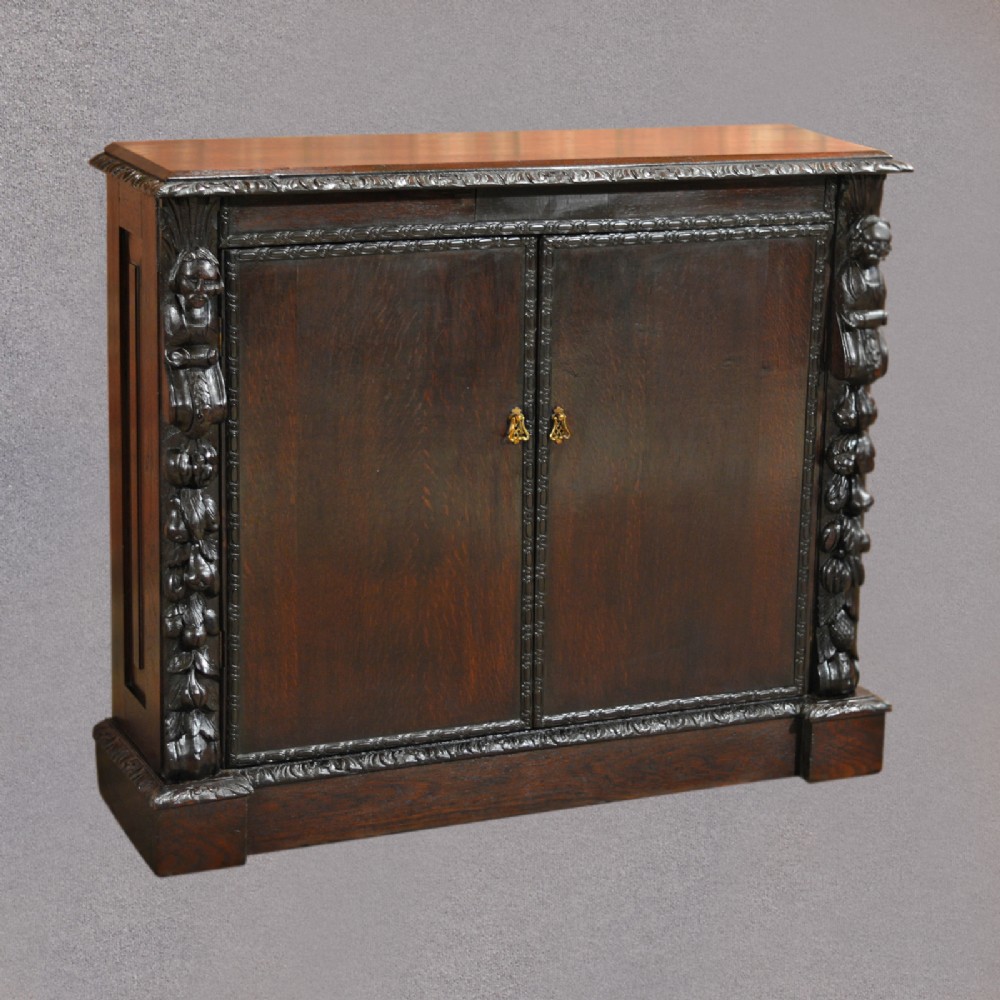Antique Library Bookcase Cupboard, Carved Oak Victorian Storage Cabinet c1880