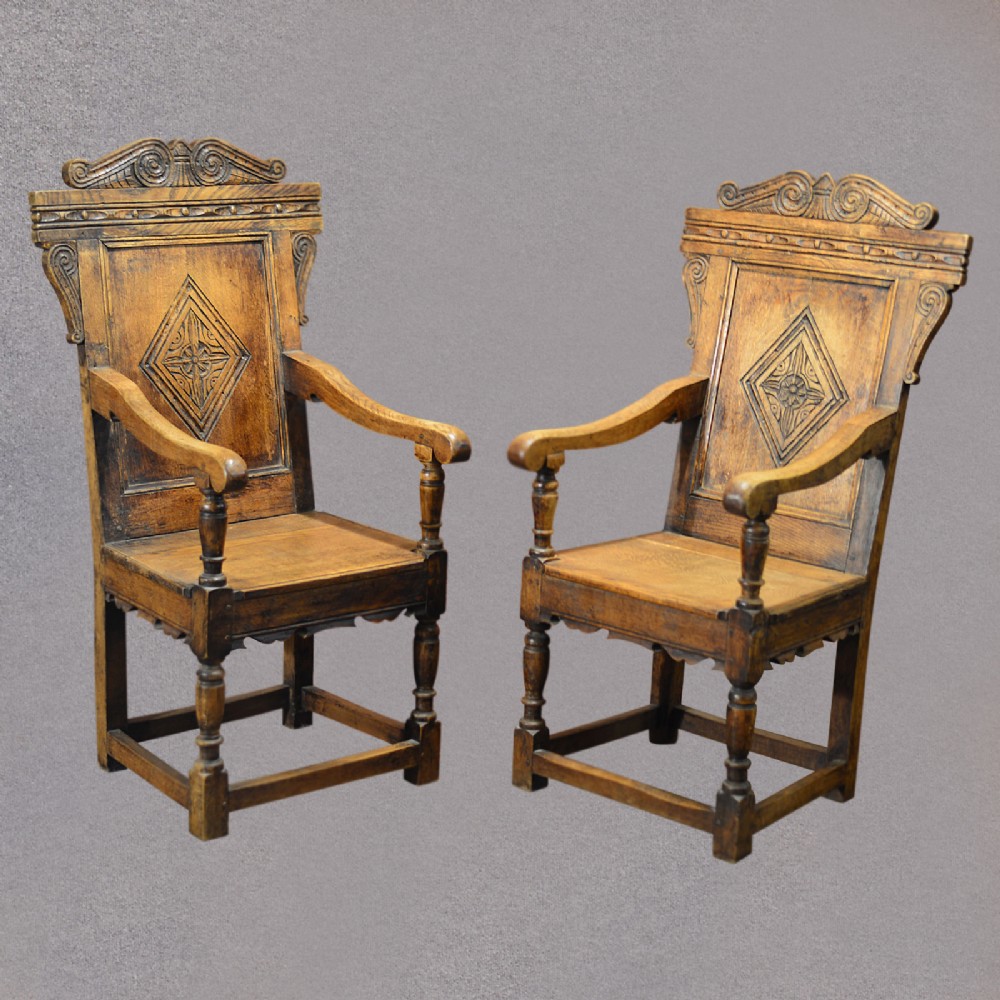 Antique Pair of Baronial Carver Chairs C19th English Oak Hall Armchairs