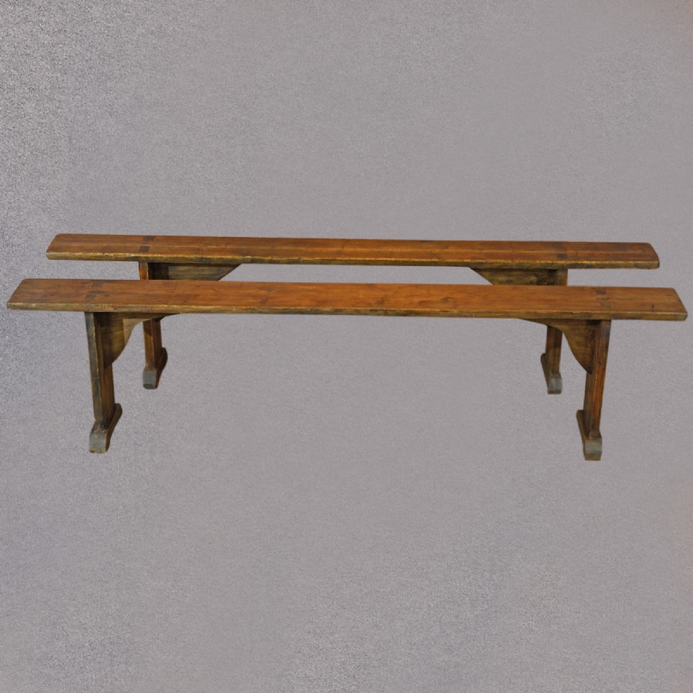 Antique Pair of Benches Kitchen Seats, Pine Plank Dining Stool, c1900