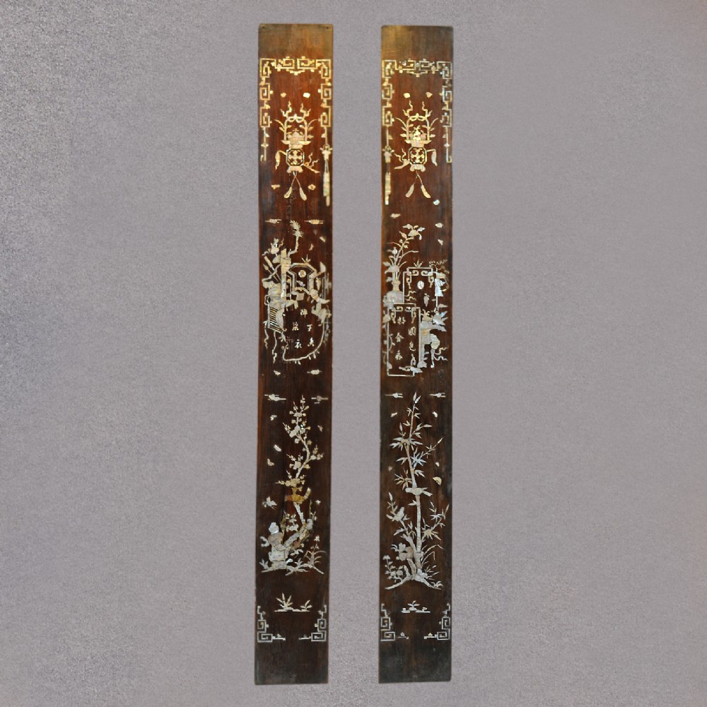 Antique Pair of Chinese Panels Hardwood Inlaid with Mother of Pearl 19th Century