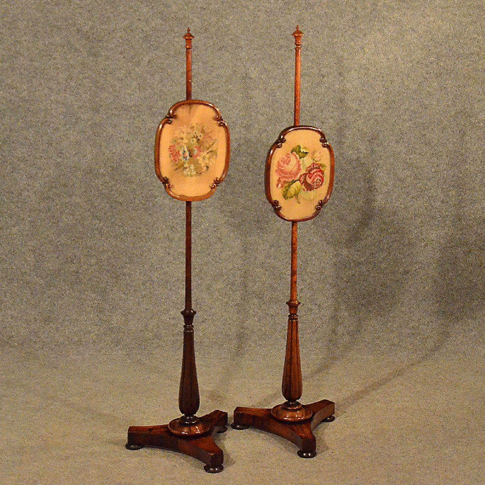 Antique Pair of Pole Screens in Rosewood English Regency Needlepoint Stand c1820
