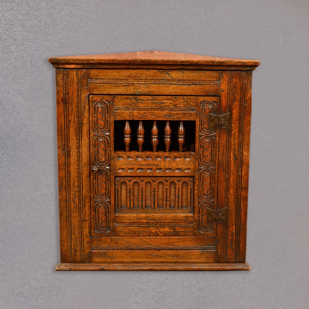Antique Corner Cabinet, Small Edwardian Cupboard, Jacobean Revival English Oak c1910