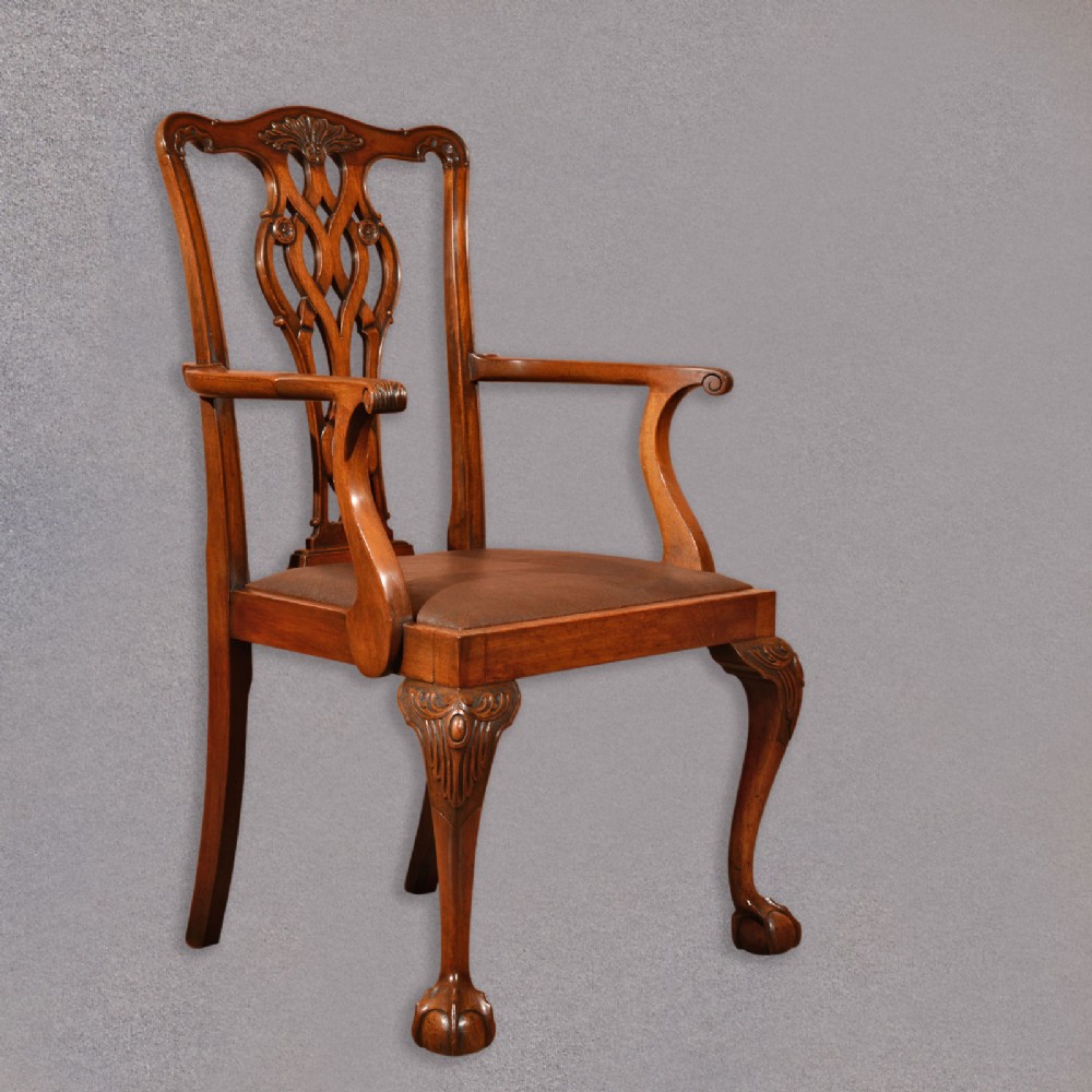 Antique Elbow Chair, Victorian Armchair Carver Chippendale Revival English c1890