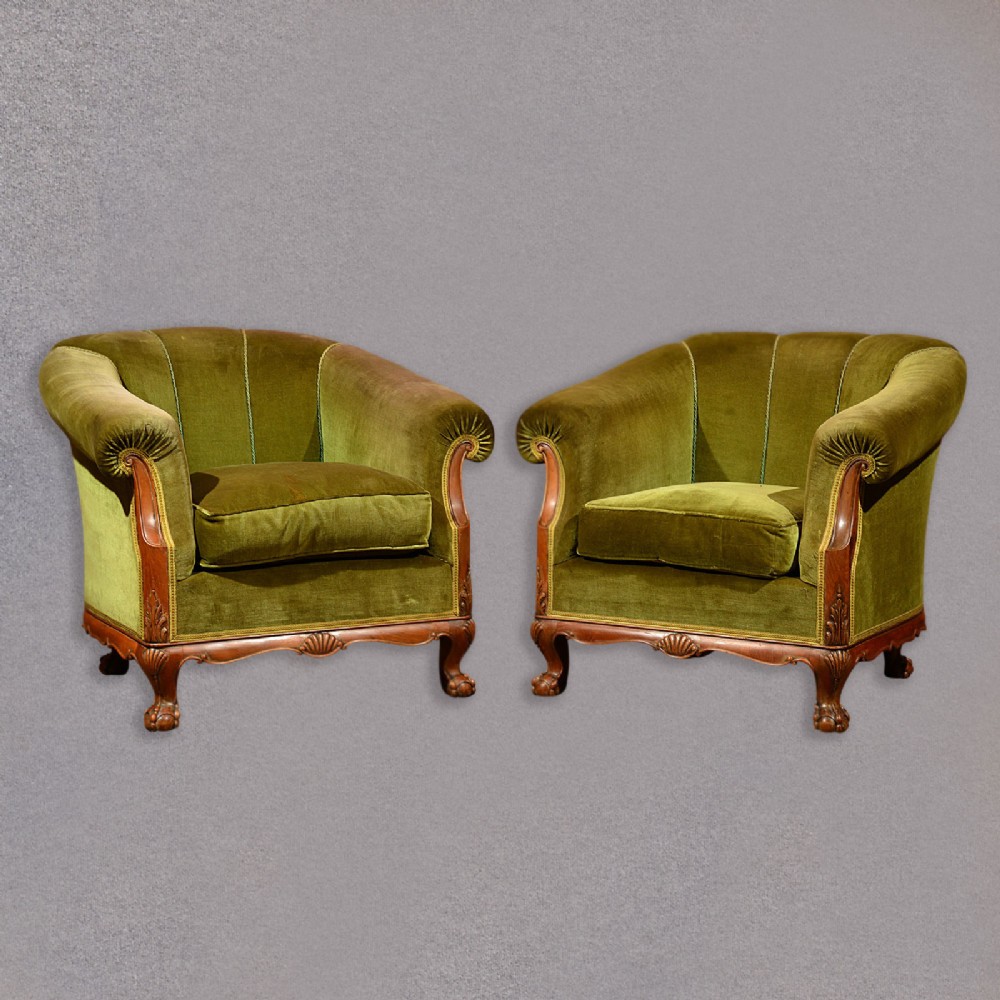 Antique Pair of French Art Deco Armchairs, Velvet Upholstered Arm Chairs, c.1930