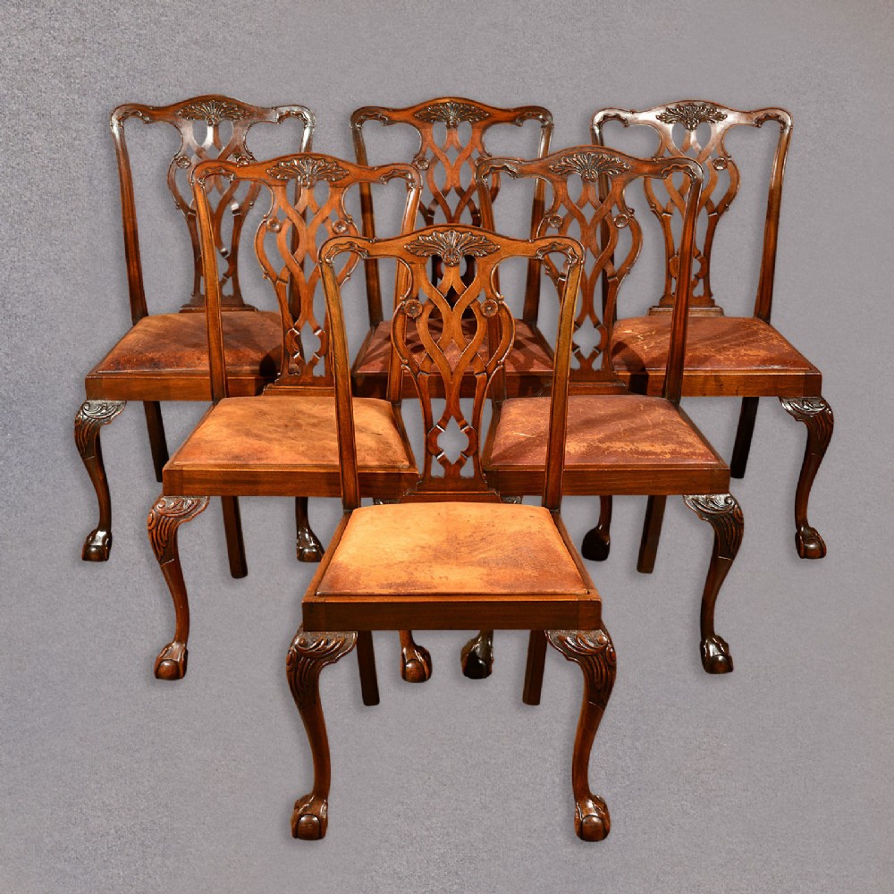 Antique Set of 6 Dining Chairs, Victorian Chippendale Revival English c1890