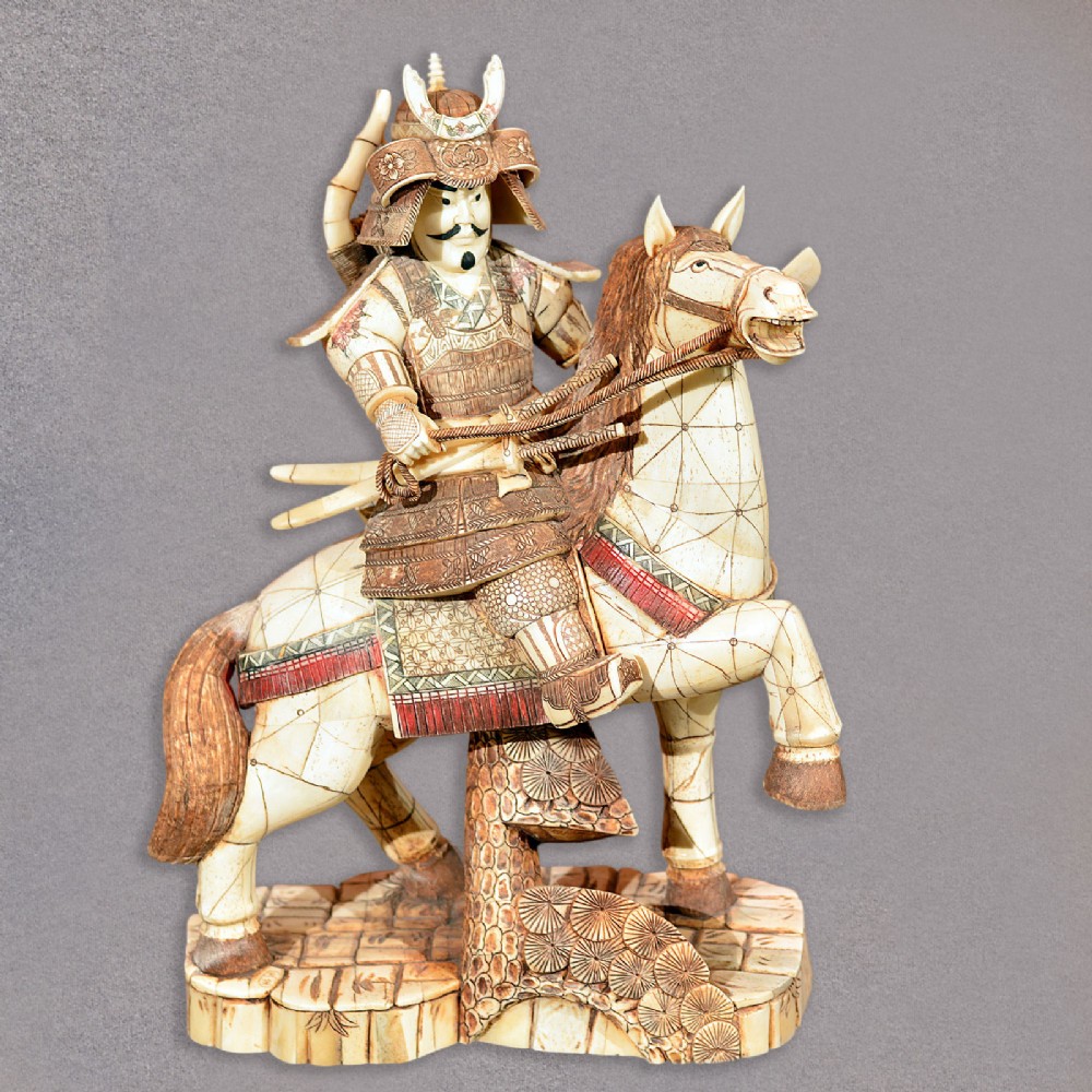 Japanese Okimono Samurai on Horse Oriental Art Ornament Statue Carving
