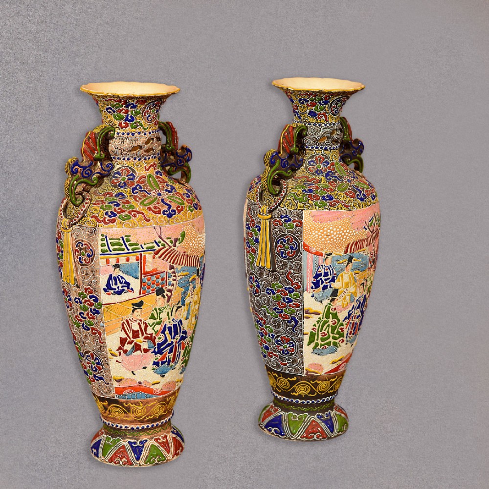 Pair of Japanese Moriage Vases, Slip Earthenware, Pots, Urns, Antique, Vintage