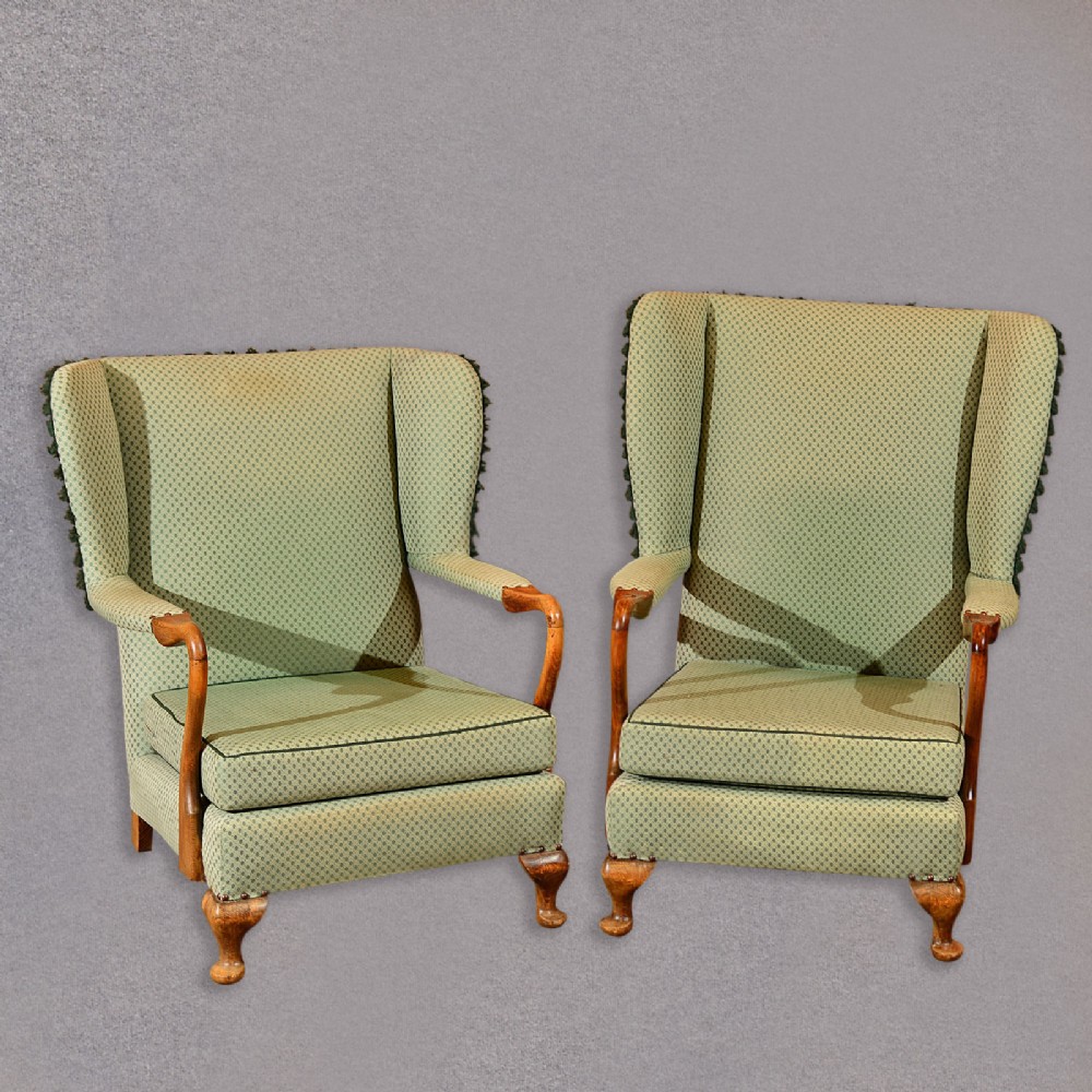 Vintage Pair of Art Deco Period Wing Chairs English Beech Upholstered Armchairs