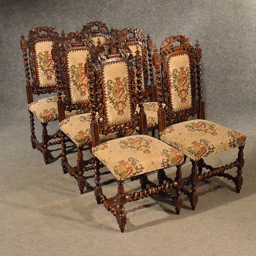 Antique Oak Chairs Set 6 Kitchen Dining Quality Victorian Jacobean Revival c1870
