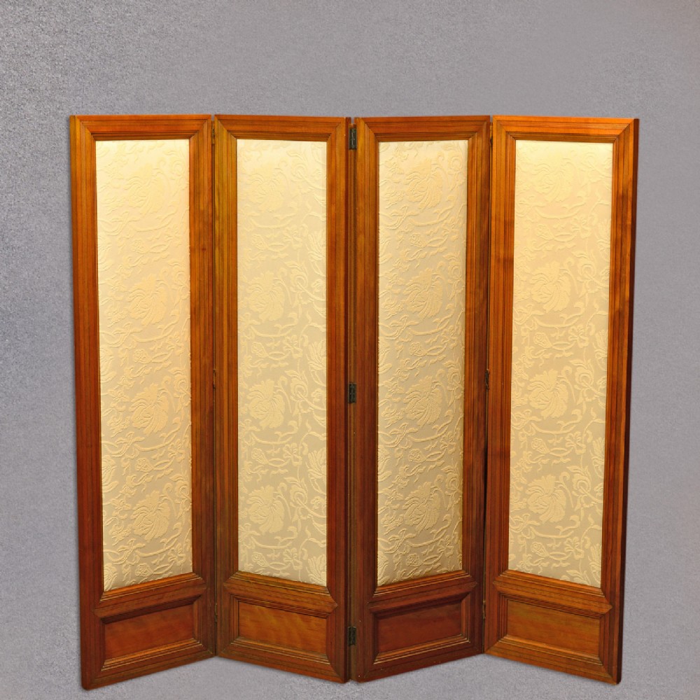 Antique 4 Fold Screen, Edwardian Walnut, Four Jaquard Panels, Room Divider c1910