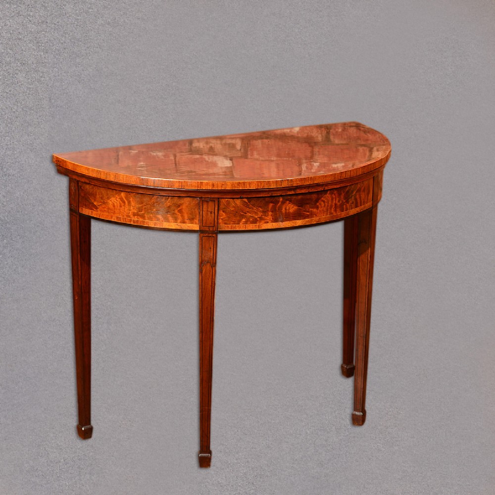 Antique Demi-Lune Card Table, Fold Over Games, Burr Mahogany Side English c.1760