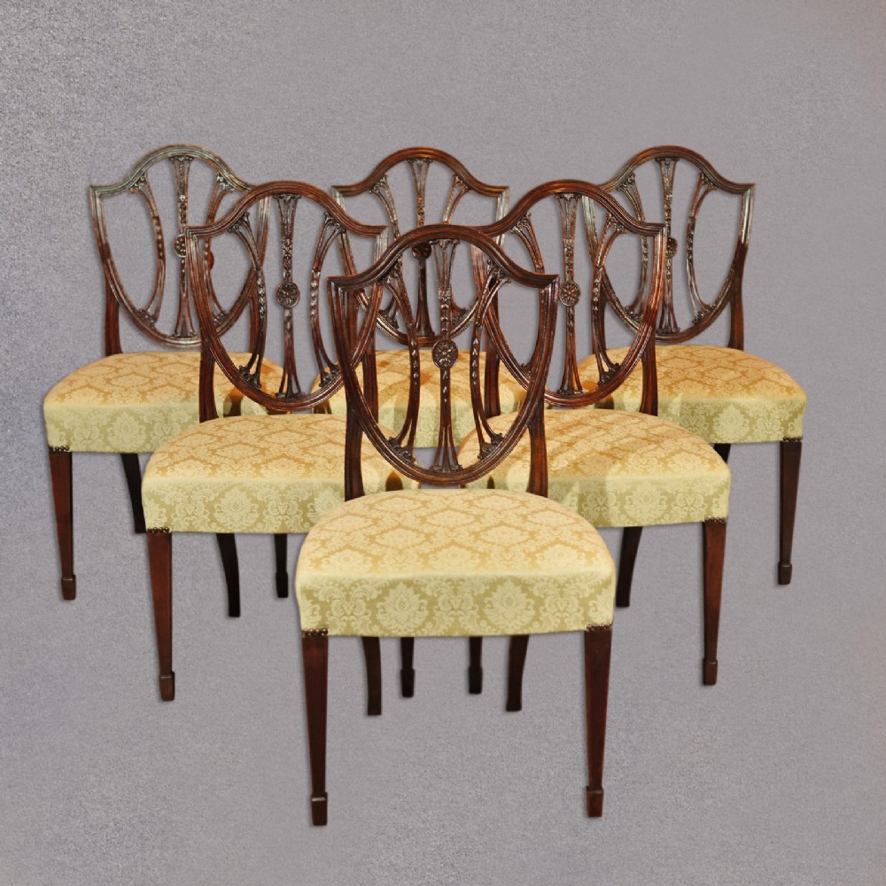 Antique Dining Chairs, Set of 6 Mahogany Shield Back, Hepplewhite Revival C19th
