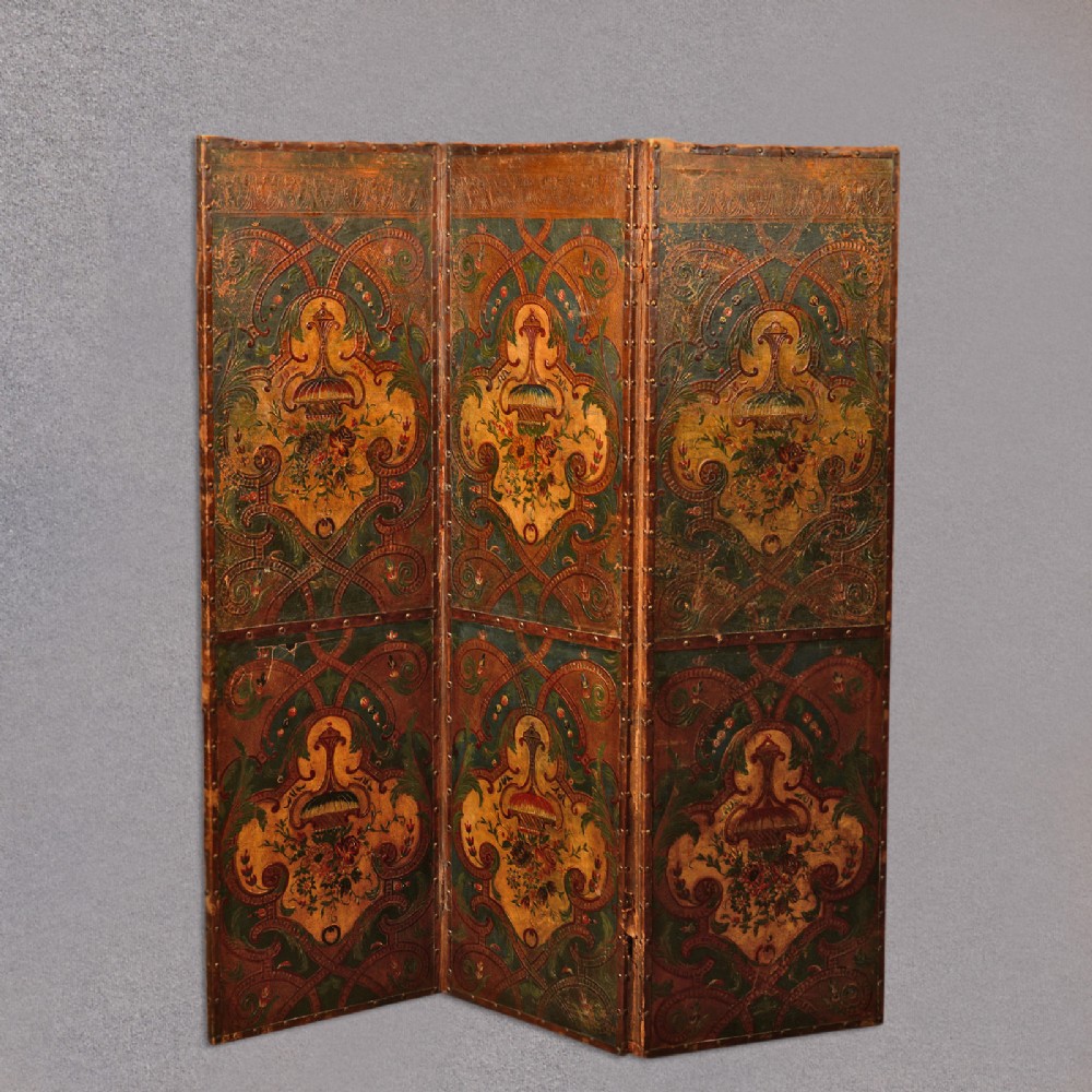 Antique Leather Screen, 3 Fold, Photographer's Prop, Victorian Wall Panel c.1851