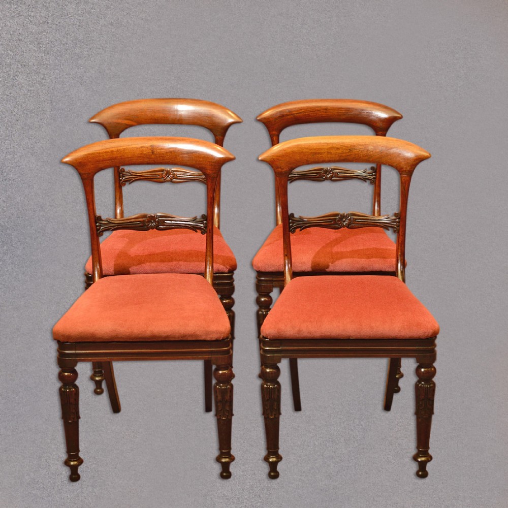 Antique Set of 4 Dining Chairs, Regency, English, Carved, Rosewood, Seat, c.1820