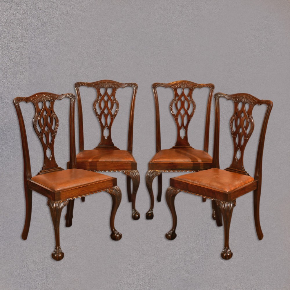 Antique Set of 4 Dining Chairs, Victorian Chippendale Revival, Mahogany, c.1880