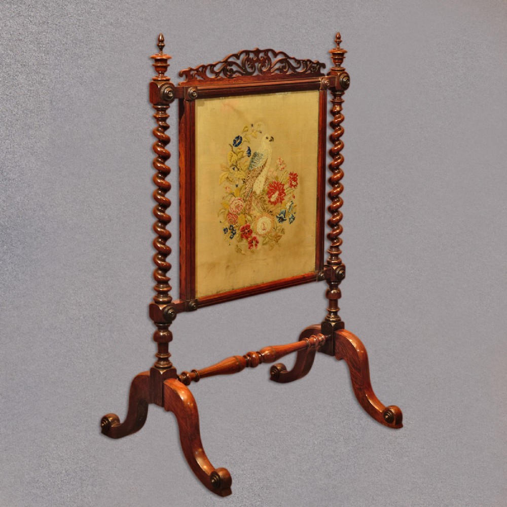 Antique, Fire Screen, English, Rosewood, Needlepoint, Textile, Victorian, c.1850
