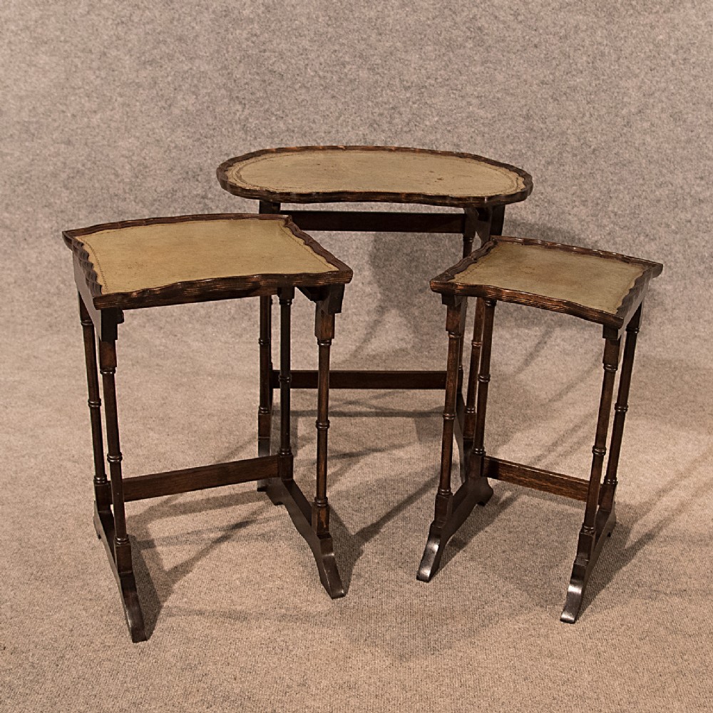 Antique Nest Side Wine Lamp Occasional Tables Leather Top Trio Edwardian c1910