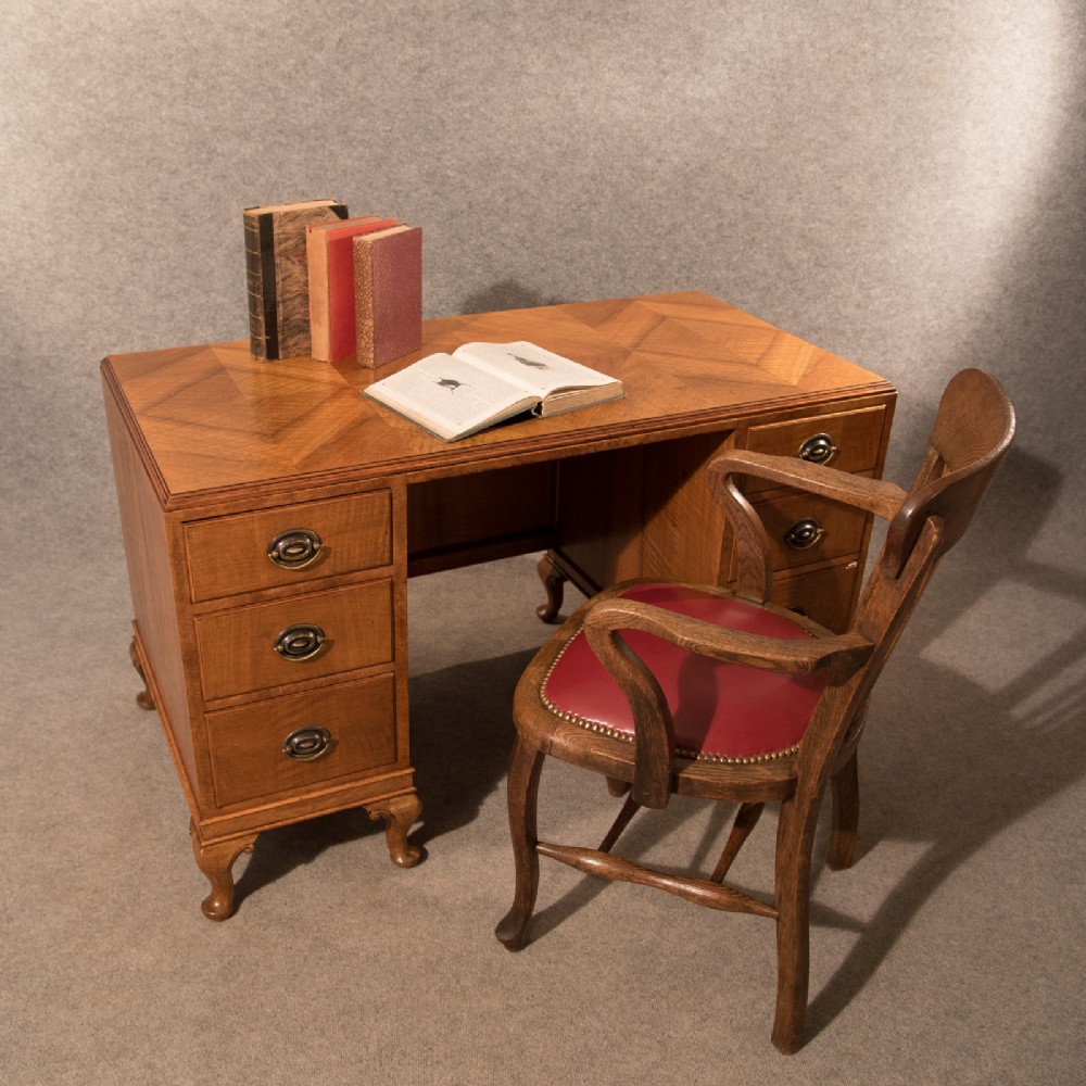Antique Pedestal Desk Study Office Library Table Quality Art Deco Walnut c1920